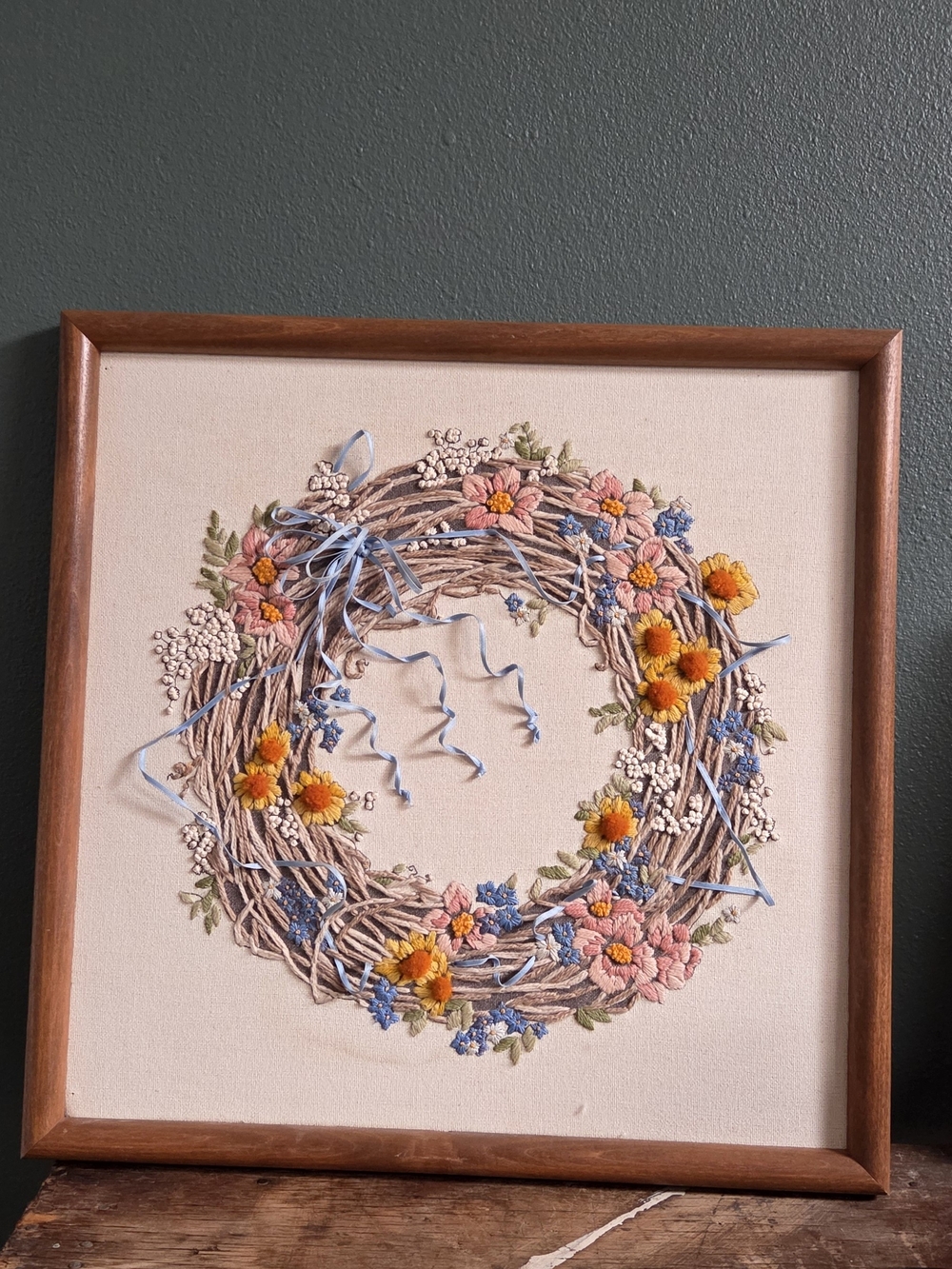 Embroidered Floral Wreath Wall Art in Blue, Pink, Yellow